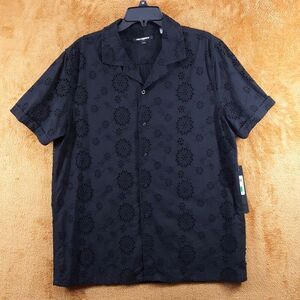 KARL LAGERFELD Shirt Mens Large Black Button Up Short Sleeve Embroidered Eyelet